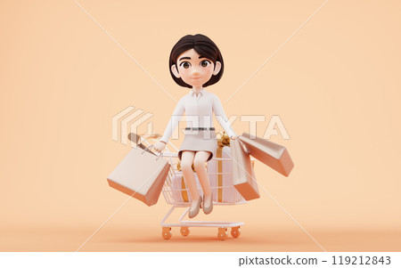 Cartoon girl with shopping cart, 3d rendering. 119212843