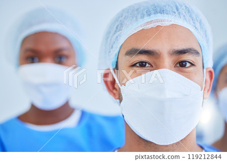 Face mask, surgeon team and people in hospital in studio isolated on a white background. Portrait, doctor and medical professional group, expert worker and confident plastic surgery employee in ppe 119212844