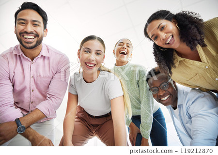 Below, smile and portrait of happy employees excited in team building together and colleagues in collaboration. Bonding, joy and group of business people with unity in teamwork in startup company 119212870