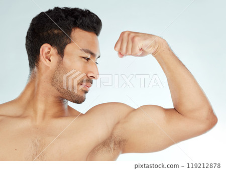 Fitness, asian man and bicep flex in studio for wellness, training or workout results on white background. Profile, exercise and Japanese male model with strong arm pose for strength or muscle growth 119212878