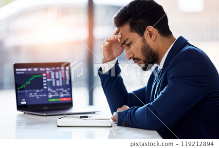 Trading, sad and laptop with man and stock market crash for finance, inflation and investment. Failure, anxiety and stress with male employee for accounting risk, data analytics and trade crisis 119212894