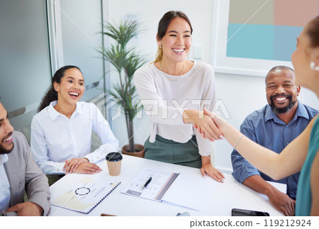 Business people, handshake and finance meeting in team for promotion, onboarding or welcome to company. Asian woman, shaking hands or happy for congratulations, hiring or thank you with deal in group 119212924