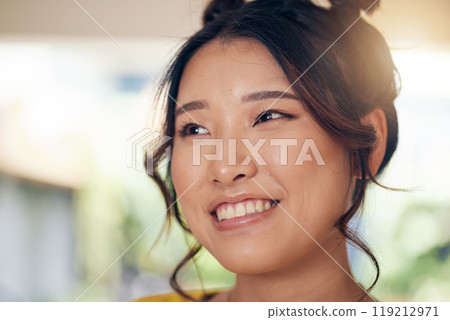 Thinking, smile and an Asian woman in a house to relax with an idea, comfort and peace. Morning, young and face of a girl or person with happiness, confidence and a break in a home or apartment Thinking, smile and an Asian woman in a house to relax with an idea, comfort and peace. Morning, young and face of a girl or person with happiness, confidence and a break in a home or apartment 119212971