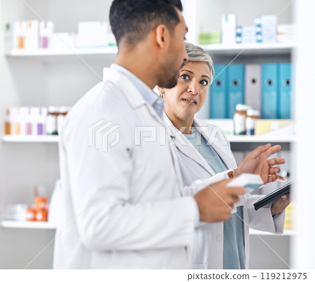 Pharmacy communication, medicine and people teamwork on medical, quality assurance or inventory inspection. Healthcare, clinic partner or pharmacist check pharmaceutical supplements, storage or stock Pharmacy communication, medicine and people teamwork on medical, quality assurance or inventory inspection. Healthcare, clinic partner or pharmacist check pharmaceutical supplements, storage or stock 119212975