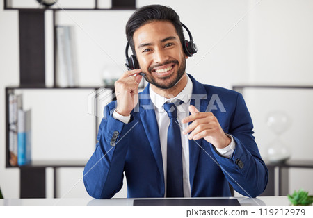 Call center communication, portrait or happy man, professional receptionist or agent smile for customer care service. Consultation, telecom headset or corporate person advice in administration office Call center communication, portrait or happy man, professional receptionist or agent smile for customer care service. Consultation, telecom headset or corporate person advice in administration office 119212979
