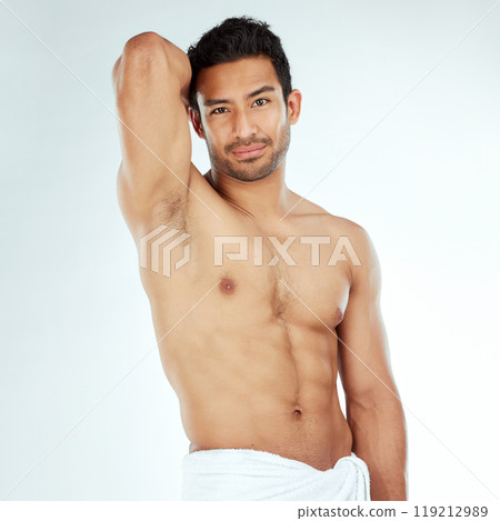 Shower, towel and portrait of fitness man in studio for cleaning, wellness or cosmetics on white background. Bathroom, body and face of Japanese model with smooth skin, satisfaction or luxury pamper Shower, towel and portrait of fitness man in studio for cleaning, wellness or cosmetics on white background. Bathroom, body and face of Japanese model with smooth skin, satisfaction or luxury pamper 119212989