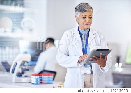 Senior scientist, woman with tablet and overlay, code with digital science data for medical research in lab. Biotech, female doctor with scientific experiment results and analytics from investigation Senior scientist, woman with tablet and overlay, code with digital science data for medical research in lab. Biotech, female doctor with scientific experiment results and analytics from investigation 119213033