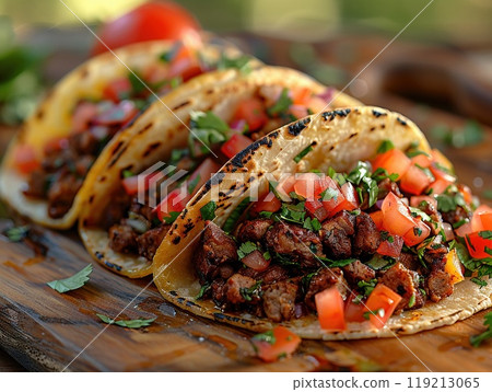 A close-up of a taco with colorful toppings high resolution A close-up of a taco with colorful toppings high resolution 119213065