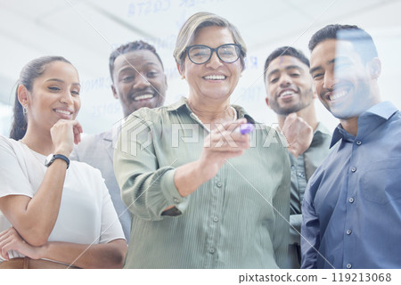 Mentor, writing and business people with glass for brainstorming, agenda planning or strategy in office. Workshop, happy men and women in development team for problem solving, thinking or moodboard. 119213068