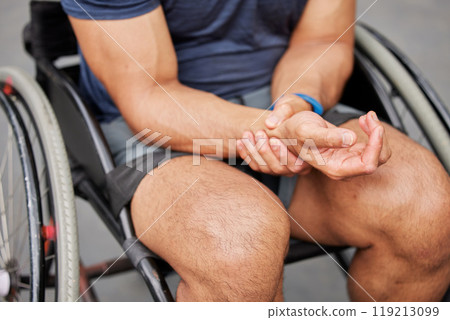 Wrist pain, hands and person in a wheelchair with an injury, sore joint or man with a disability in sports or medical emergency. Hand, ache and mistake in sport, exercise or workout with tendinitis Wrist pain, hands and person in a wheelchair with an injury, sore joint or man with a disability in sports or medical emergency. Hand, ache and mistake in sport, exercise or workout with tendinitis 119213099