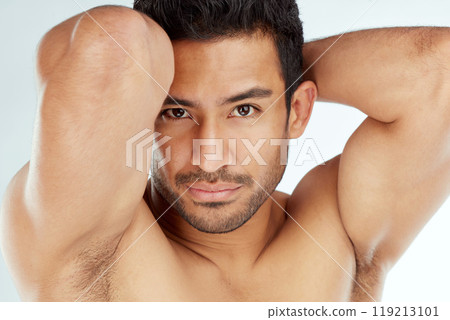 Skincare, body and portrait of fitness man in studio for wellness, cosmetics or treatment on white background. Beauty, face and muscular model with bicep, flex and smooth skin dermatology results Skincare, body and portrait of fitness man in studio for wellness, cosmetics or treatment on white background. Beauty, face and muscular model with bicep, flex and smooth skin dermatology results 119213101