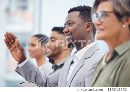 Business man, group and hand up at seminar, presentation and team training workshop in office. Meeting, audience and happy volunteer at conference, vote and answer question with crowd at convention Business man, group and hand up at seminar, presentation and team training workshop in office. Meeting, audience and happy volunteer at conference, vote and answer question with crowd at convention 119213262