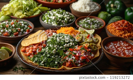 A traditional Mexican feast with a variety of dishes. 119213272