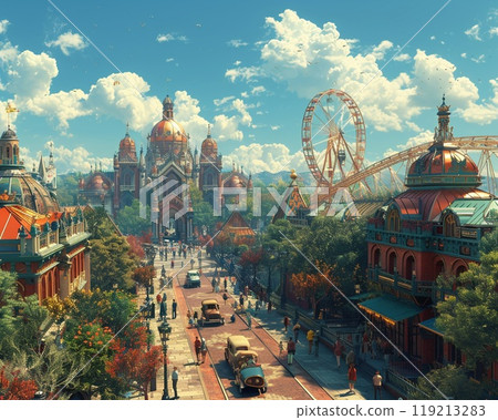 A family visiting an amusement park. A family visiting an amusement park. 119213283