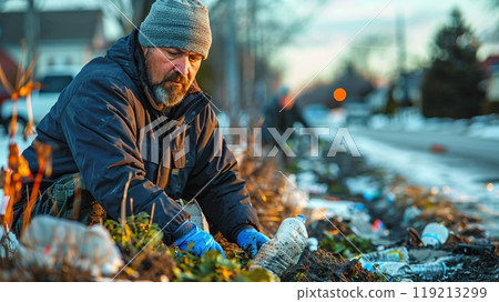 with residents picking up trash. 119213299