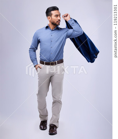 Fashion, confident and business man with jacket in studio for formal, style or attitude on grey background. Fashionable, stylish and male manager in a formal suit with ambitious, mindset or empowered 119213301