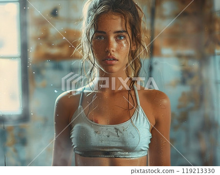 A fitness collage with workout photos and motivational templates. 119213330