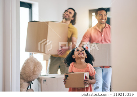 Happy, family and moving box with kid and gay parents in new home with cardboard package. Smile, child and lgbt people together with real estate and property mortgage in a house helping father 119213339