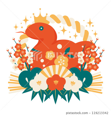 Triple camellia, snake year new year card icon, shimekazari decoration, retro color red snake, cute, illustration 119213342