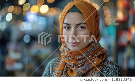 A woman in a hijab working in a collaborative workspace. A woman in a hijab working in a collaborative workspace. 119213346