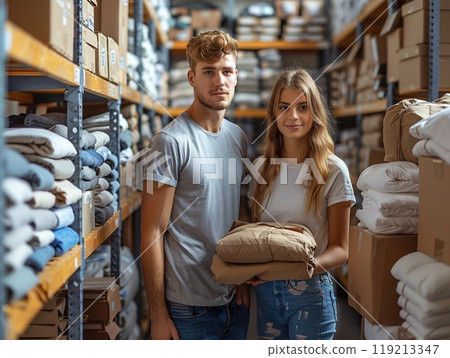 Volunteers organizing a clothing drive for those in need. 119213347