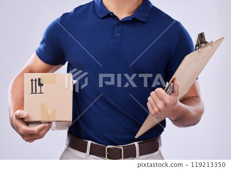 Clipboard, hands and delivery man with box in studio, transport for ecommerce supplier product. Package, logistics and documents, courier person on white background for sales and services invoice. Clipboard, hands and delivery man with box in studio, transport for ecommerce supplier product. Package, logistics and documents, courier person on white background for sales and services invoice. 119213350