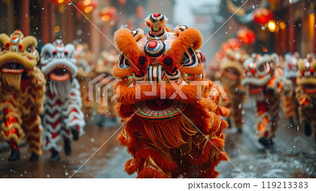 A traditional Lunar New Year parade with dragon and lion dancers 119213383