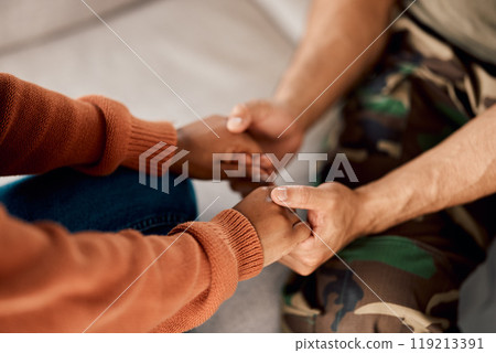Soldier in counselling, man and woman holding hands in marriage, comfort and home coming. Support, trust and empathy, veteran in therapy with partner, helping hand and love in army mental health. Soldier in counselling, man and woman holding hands in marriage, comfort and home coming. Support, trust and empathy, veteran in therapy with partner, helping hand and love in army mental health. 119213391