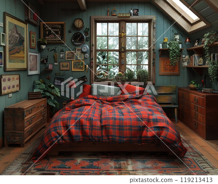 A virtual reality experience of a cozy bedroom. 119213413