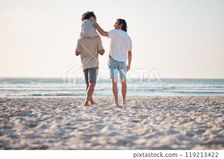 Lgbtq, parents walking or child by ocean as a family in Rio de Janeiro in Brazil with support, care or love. Piggyback, father or kid at sea to enjoy bonding together in nature on beach sand by water 119213422