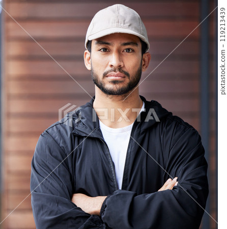 Courier man, outdoor portrait and arms crossed for service, delivery and ready for supply chain. Young logistics worker, serious face and city for customer satisfaction, commerce and distribution job Courier man, outdoor portrait and arms crossed for service, delivery and ready for supply chain. Young logistics worker, serious face and city for customer satisfaction, commerce and distribution job 119213439
