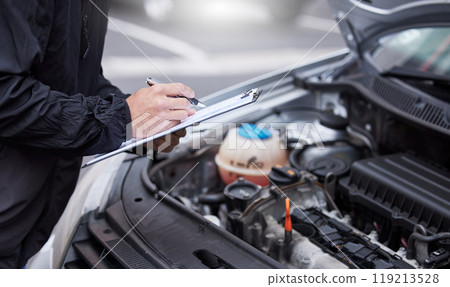Car insurance, checklist and man writing on documents for compliance, maintenance and engine control. Vehicle, inspection and hand of male mechanic with paper form for information, note and claim 119213528