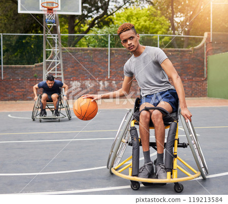 Sports, wheelchair basketball court and man focus on playing match competition, challenge or fitness practice. Player attack, cardio workout and athlete with disability, training and exercise Sports, wheelchair basketball court and man focus on playing match competition, challenge or fitness practice. Player attack, cardio workout and athlete with disability, training and exercise 119213584
