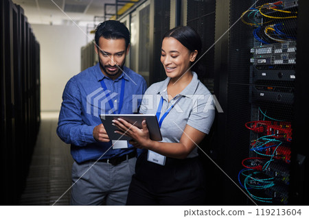 People, manager and tablet for server room, cybersecurity, engineering, programming or coding solution. Business man and woman in data center, digital technology and hardware or software teamwork People, manager and tablet for server room, cybersecurity, engineering, programming or coding solution. Business man and woman in data center, digital technology and hardware or software teamwork 119213604