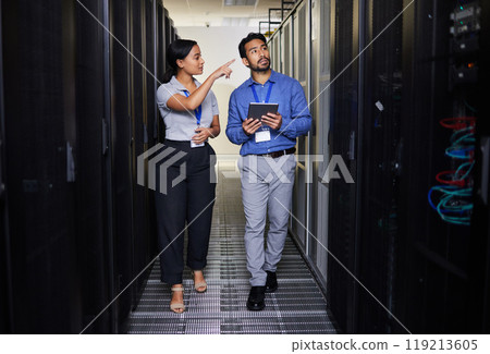 People, server room and inspection or teamwork for cybersecurity, engineering and coding solution on tablet. Engineering man and woman or manager walking and check data center with digital technology 119213605