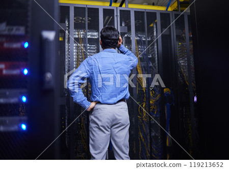 Server room, cables or confused man with hardware for cybersecurity glitch or software solution. Doubt, man or back of stressed male engineer fixing network for information technology or IT support 119213652