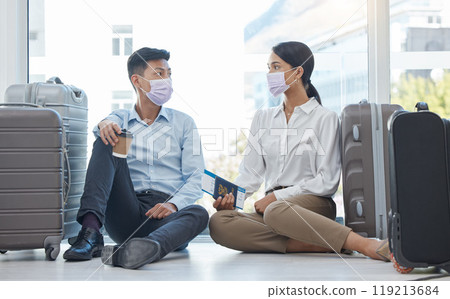 Passport, airport and covid people on floor for immigration problem, travel risk management or corona virus crisis with suitcase in china. Covid 19 couple with identity paper on a waiting room ground 119213684