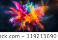 A juicy explosion of a big star in black space. Holi Festival of Colors. The explosion consists of a variety of colors, including red, blue, pink, purple, orange and yellow. Dust is scattered 119213690