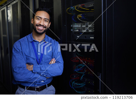 Server room, portrait or happy male developer for online cybersecurity glitch or machine system. IT support, smile or proud engineer fixing network for information technology solution in data center 119213706