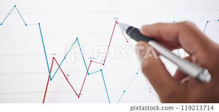 Hand, stocks and chart with drawing, closeup and office for planning, analytics and ideas for investing. Finance employee, pen and writing for innovation, stats or vision for graph, trading growth or 119213714