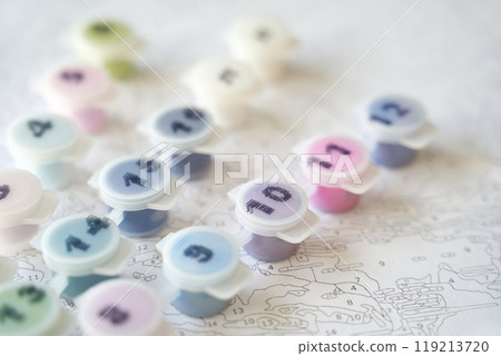 Creative diy paint-by-number kit with paint pots on abstract background Creative diy paint-by-number kit with paint pots on abstract background 119213720