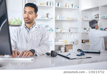 Pharmacist, computer and man typing, inventory and connection with network, website information and wellness. Person, staff and employee with a pc, online reading and search internet with telehealth 119213732