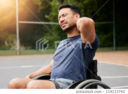 Neck pain, tired and basketball court with man and wheelchair user for sports injury, inflammation and fitness. Games, health and challenge with person with a disability for accident and emergency 119213742
