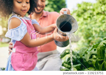 Gardening, father and daughter water plants, teaching and learning with growth in nature together. Backyard, sustainability and dad helping child watering vegetable garden with love, support and fun. 119213751