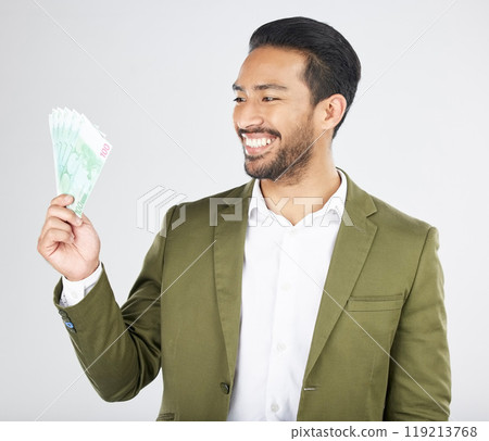 Happy asian man, money and finance in savings, investment or loan against a white studio background. Excited businessman smile and cash or dollar bills in financial freedom, profit or salary increase Happy asian man, money and finance in savings, investment or loan against a white studio background. Excited businessman smile and cash or dollar bills in financial freedom, profit or salary increase 119213768