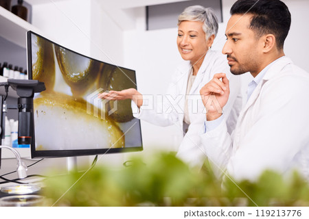 Teamwork, screen or scientists with plant for research, lab test or innovation for agriculture study. Science, mentor or leaf on monitor for natural herbal medicine, pharma or internship education 119213776
