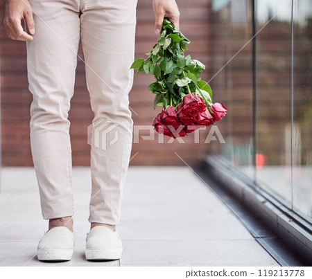 Love, legs and man with bouquet of flowers for date, romance and hope for valentines day. Romantic confession, floral gift and person holding red roses, standing outside for proposal or engagement. 119213778
