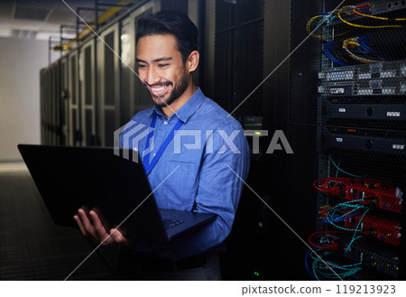 Man, server room and computer for happy programming, system solution and data center, coding or cybersecurity. Business person, laptop and engineering network, gdpr software and backup or maintenance Man, server room and computer for happy programming, system solution and data center, coding or cybersecurity. Business person, laptop and engineering network, gdpr software and backup or maintenance 119213923