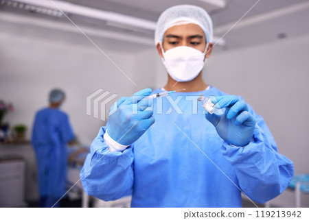Man, doctor and syringe for vaccine, injection or patient flu shot in surgery room at hospital. Male person, nurse or medical professional with needle and vial for vaccination or antibiotic at clinic Man, doctor and syringe for vaccine, injection or patient flu shot in surgery room at hospital. Male person, nurse or medical professional with needle and vial for vaccination or antibiotic at clinic 119213942