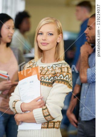 Student, portrait and university lecture or paperwork in college building or studying, academic or development. Female person, face and confidence on academy in USA campus or project, exam or test 119214037